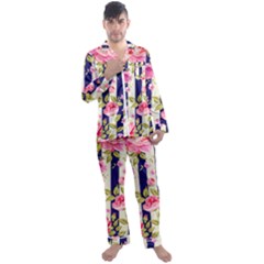 Stripes Floral Print Men s Satin Pajamas Long Pants Set by designsbymallika