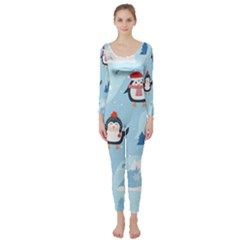 Christmas Seamless Pattern With Penguin Long Sleeve Catsuit by Vaneshart