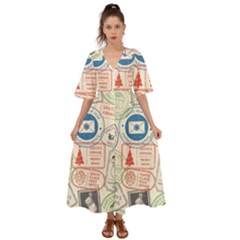 Christmas Postal Pattern Kimono Sleeve Boho Dress by Vaneshart