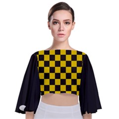 Checkerboard Pattern Black And Yellow Ancap Libertarian Tie Back Butterfly Sleeve Chiffon Top by snek