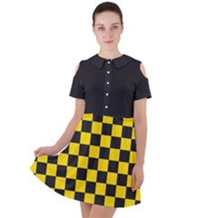 Checkerboard Pattern Black And Yellow Ancap Libertarian Short Sleeve Shoulder Cut Out Dress  by snek