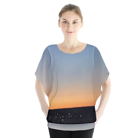 Photo Coucher Du Soleil Bleu/orange Batwing Chiffon Blouse by kcreatif