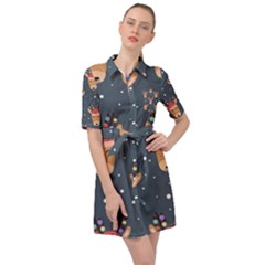 Cute Deer Heads Seamless Pattern Christmas Belted Shirt Dress by Vaneshart