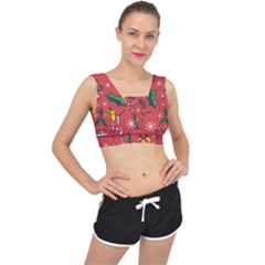 Colorful Funny Christmas Pattern V-back Sports Bra by Vaneshart