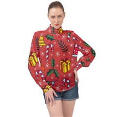 Colorful Funny Christmas Pattern High Neck Long Sleeve Chiffon Top by Vaneshart