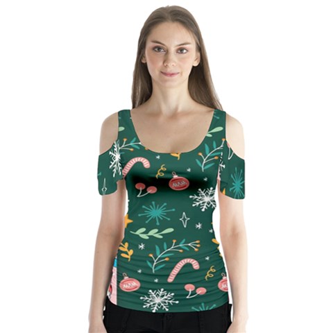 Hand Drawn Christmas Pattern Collection Butterfly Sleeve Cutout Tee  by Vaneshart