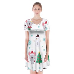 Christmas Seamless Pattern With Cute Kawaii Mouse Short Sleeve V-neck Flare Dress by Vaneshart