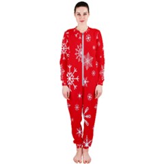Christmas Seamless With Snowflakes Snowflake Pattern Red Background Winter Onepiece Jumpsuit (ladies)  by Vaneshart