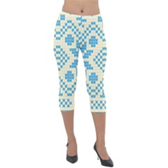 Beautiful Knitted Christmas Pattern Blue White Lightweight Velour Capri Leggings  by Vaneshart