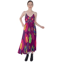 Tropical Flowers On Deep Magenta Tie Back Maxi Dress