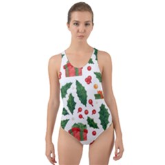 Christmas Seamless Pattern With Holly Red Gift Box Cut-out Back One Piece Swimsuit by Vaneshart