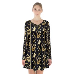 Golden Christmas Pattern Collection Long Sleeve Velvet V-neck Dress by Vaneshart