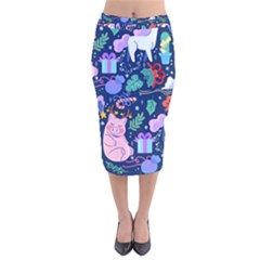 Colorful Funny Christmas Pattern Pig Animal Velvet Midi Pencil Skirt by Vaneshart