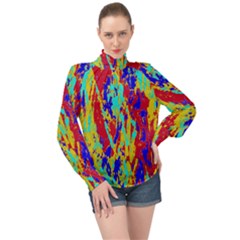 Multicolored Vibran Abstract Textre Print High Neck Long Sleeve Chiffon Top by dflcprintsclothing