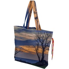 Sunset Scene At Waterfront Boardwalk, Montevideo Uruguay Drawstring Tote Bag by dflcprints