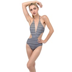 Black Grey White Stripes Plunging Cut Out Swimsuit by anthromahe