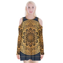 Luxury Mandala Background With Golden Arabesque Pattern Arabic Islamic East Style Premium Vector Velvet Long Sleeve Shoulder Cutout Dress by Wegoenart