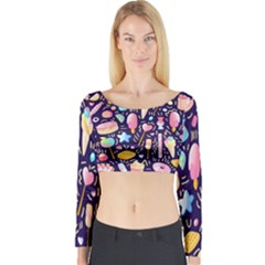 Cute Seamless Pattern With Colorful Sweets Cakes Lollipops Long Sleeve Crop Top by Wegoenart