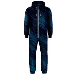 Abstract Glowing Blue Wave Lines Pattern With Particles Elements Dark Background Hooded Jumpsuit (men)  by Wegoenart