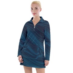 Abstract Glowing Blue Wave Lines Pattern With Particles Elements Dark Background Women s Long Sleeve Casual Dress by Wegoenart