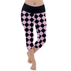 Block Fiesta - Blush Pink & Black Lightweight Velour Capri Yoga Leggings by FashionBoulevard