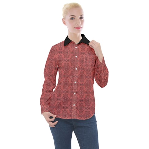 Timeless - Black & Indian Red Women s Long Sleeve Pocket Shirt by FashionBoulevard