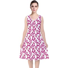 Cute Flowers - Peacock Pink White V-neck Midi Sleeveless Dress  by FashionBoulevard