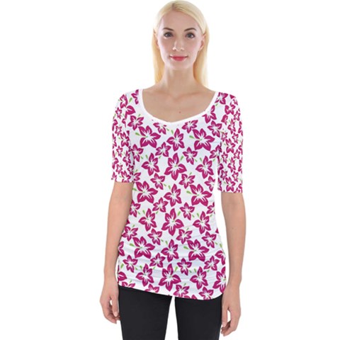 Cute Flowers - Peacock Pink White Wide Neckline Tee by FashionBoulevard