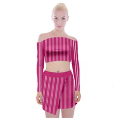 Nice Stripes - Peacock Pink Off Shoulder Top With Mini Skirt Set by FashionBoulevard