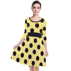 Polka Dots - Black On Blonde Yellow Quarter Sleeve Waist Band Dress by FashionBoulevard