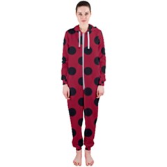 Polka Dots Black On Carmine Red Hooded Jumpsuit (ladies)  by FashionBoulevard