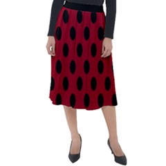 Polka Dots Black On Carmine Red Classic Velour Midi Skirt  by FashionBoulevard