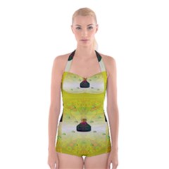 Birds And Sunshine With A Big Bottle Peace And Love Boyleg Halter Swimsuit  by pepitasart