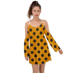 Polka Dots Black On Honey Orange Kimono Sleeves Boho Dress by FashionBoulevard