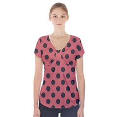 Polka Dots Black On Indian Red Short Sleeve Front Detail Top by FashionBoulevard