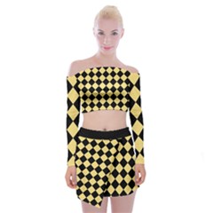 Block Fiesta Black And Mellow Yellow Off Shoulder Top With Mini Skirt Set by FashionBoulevard