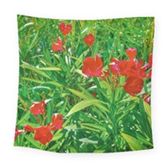 Red Flowers And Green Plants At Outdoor Garden Square Tapestry (large) by dflcprintsclothing