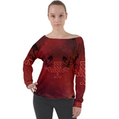 Decorative Celtic Knot With Dragon Off Shoulder Long Sleeve Velour Top by FantasyWorld7