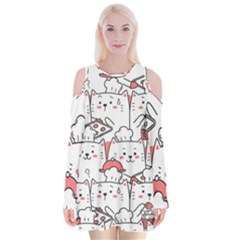 Cute Cat Chef Cooking Seamless Pattern Cartoon Velvet Long Sleeve Shoulder Cutout Dress by Vaneshart