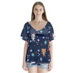 Cute Astronaut Cat With Star Galaxy Elements Seamless Pattern V-neck Flutter Sleeve Top by Vaneshart