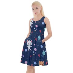 Cute Astronaut Cat With Star Galaxy Elements Seamless Pattern Knee Length Skater Dress With Pockets by Vaneshart
