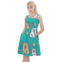 Seamless Pattern Cute Cat Cartoon With Hand Drawn Style Knee Length Skater Dress With Pockets by Vaneshart