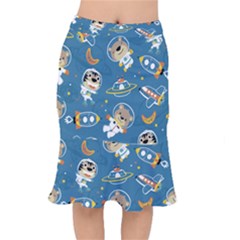 Seamless Pattern Funny Astronaut Outer Space Transportation Short Mermaid Skirt by Vaneshart