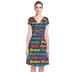 Red Yellow Blue Green Purple Short Sleeve Front Wrap Dress