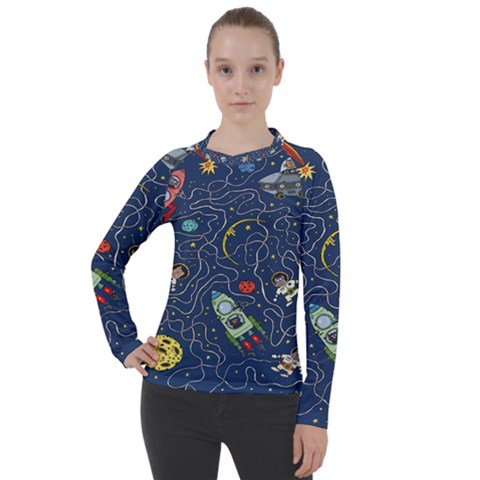 Cat Cosmos Cosmonaut Rocket Women s Pique Long Sleeve Tee by Wegoenart