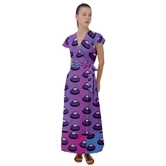 Ufo Alien Pattern Flutter Sleeve Maxi Dress by Wegoenart