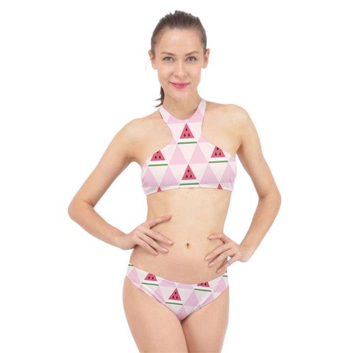 Seamless Pattern Watermelon Slices Geometric Style High Neck Bikini Set