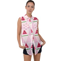Seamless Pattern Watermelon Slices Geometric Style Sleeveless Chiffon Button Shirt