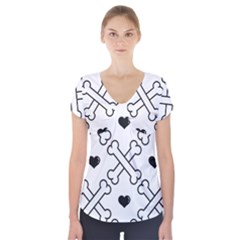 Dog Bone Seamless Pattern Heart Valentine Short Sleeve Front Detail Top