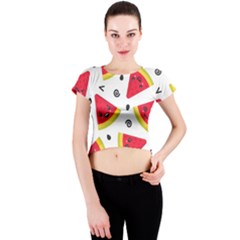 Cute Smiling Watermelon Seamless Pattern White Background Crew Neck Crop Top by Nexatart